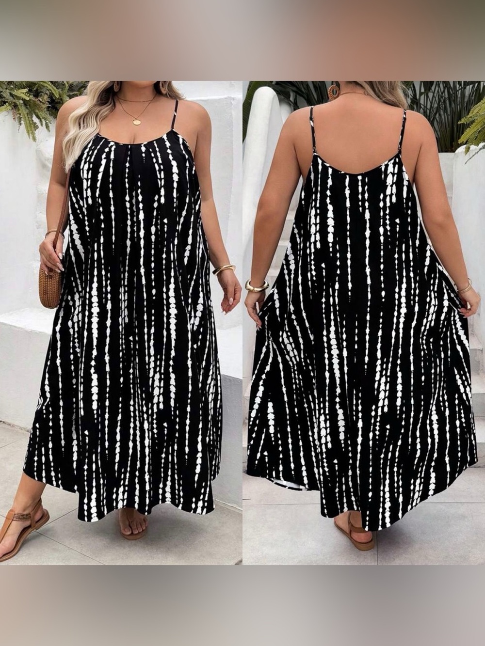 SHEINCurve+ Black & White Tie-Dye Spaghetti Strap Maxi Dress